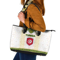 Tunisia Flag Traditional Tribal Pattern Green and White Pullover Leather Tote Bag with National Crest and Emblem