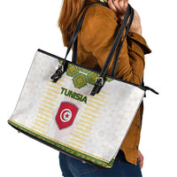 Tunisia Flag Traditional Tribal Pattern Green and White Pullover Leather Tote Bag with National Crest and Emblem