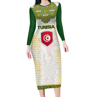Tunisia Flag Traditional Tribal Pattern Green and White Pullover Long Sleeve Bodycon Dress with National Crest and Emblem