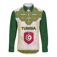 Tunisia Flag Traditional Tribal Pattern Green and White Pullover Long Sleeve Button Shirt with National Crest and Emblem