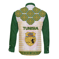 Tunisia Flag Traditional Tribal Pattern Green and White Pullover Long Sleeve Button Shirt with National Crest and Emblem