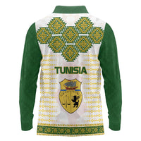 Tunisia Flag Traditional Tribal Pattern Green and White Pullover Long Sleeve Polo Shirt with National Crest and Emblem