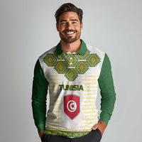 Tunisia Flag Traditional Tribal Pattern Green and White Pullover Long Sleeve Polo Shirt with National Crest and Emblem
