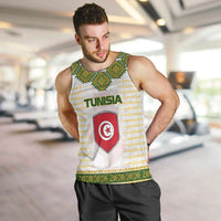 Tunisia Flag Traditional Tribal Pattern Green and White Pullover Men Tank Top with National Crest and Emblem