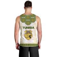 Tunisia Flag Traditional Tribal Pattern Green and White Pullover Men Tank Top with National Crest and Emblem