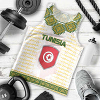 Tunisia Flag Traditional Tribal Pattern Green and White Pullover Men Tank Top with National Crest and Emblem