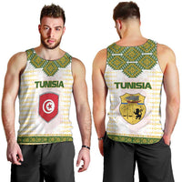 Tunisia Flag Traditional Tribal Pattern Green and White Pullover Men Tank Top with National Crest and Emblem