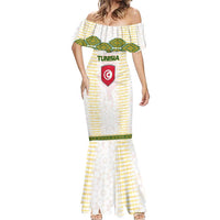 Tunisia Flag Traditional Tribal Pattern Green and White Pullover Mermaid Dress with National Crest and Emblem