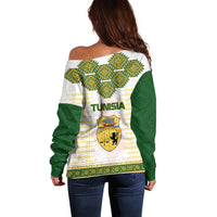 Tunisia Flag Traditional Tribal Pattern Green and White Pullover Off Shoulder Sweater with National Crest and Emblem