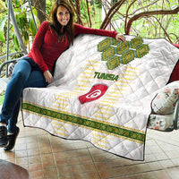 Tunisia Flag Traditional Tribal Pattern Green and White Pullover Quilt with National Crest and Emblem
