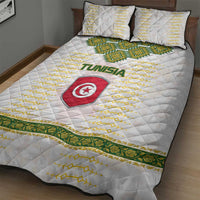 Tunisia Flag Traditional Tribal Pattern Green and White Pullover Quilt Bed Set with National Crest and Emblem