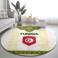 Tunisia Flag Traditional Tribal Pattern Green and White Pullover Round Carpet with National Crest and Emblem