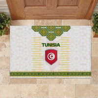 Tunisia Flag Traditional Tribal Pattern Green and White Pullover Rubber Doormat with National Crest and Emblem