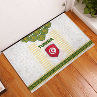 Tunisia Flag Traditional Tribal Pattern Green and White Pullover Rubber Doormat with National Crest and Emblem