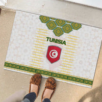 Tunisia Flag Traditional Tribal Pattern Green and White Pullover Rubber Doormat with National Crest and Emblem