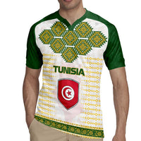 Tunisia Flag Traditional Tribal Pattern Green and White Pullover Rugby Jersey with National Crest and Emblem