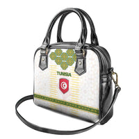 Tunisia Flag Traditional Tribal Pattern Green and White Pullover Shoulder Handbag with National Crest and Emblem