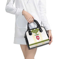 Tunisia Flag Traditional Tribal Pattern Green and White Pullover Shoulder Handbag with National Crest and Emblem