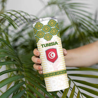 Tunisia Flag Traditional Tribal Pattern Green and White Pullover Skinny Tumbler with National Crest and Emblem