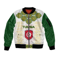 Tunisia Flag Traditional Tribal Pattern Green and White Pullover Sleeve Zip Bomber Jacket with National Crest and Emblem