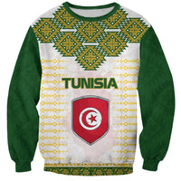 Tunisia Flag Traditional Tribal Pattern Green and White Pullover Sweatshirt with National Crest and Emblem