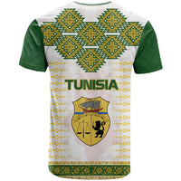 Tunisia Flag Traditional Tribal Pattern Green and White Pullover T Shirt with National Crest and Emblem