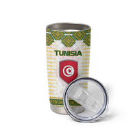 Tunisia Flag Traditional Tribal Pattern Green and White Pullover Tumbler Cup with National Crest and Emblem