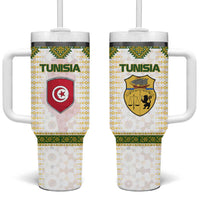 Tunisia Flag Traditional Tribal Pattern Green and White Pullover Tumbler With Handle with National Crest and Emblem