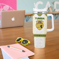 Tunisia Flag Traditional Tribal Pattern Green and White Pullover Tumbler With Handle with National Crest and Emblem