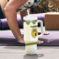 Tunisia Flag Traditional Tribal Pattern Green and White Pullover Tumbler With Handle with National Crest and Emblem