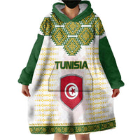 Tunisia Flag Traditional Tribal Pattern Green and White Pullover Wearable Blanket Hoodie with National Crest and Emblem