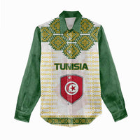 Tunisia Flag Traditional Tribal Pattern Green and White Pullover Women Casual Shirt with National Crest and Emblem