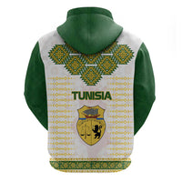 Tunisia Flag Traditional Tribal Pattern Green and White Pullover Zip Hoodie with National Crest and Emblem