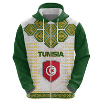 Tunisia Flag Traditional Tribal Pattern Green and White Pullover Zip Hoodie with National Crest and Emblem