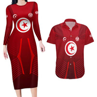 Tunisia National Flag Couples Matching Long Sleeve Bodycon Dress and Hawaiian Shirt with Crescent Star Emblem and Red Sport Design