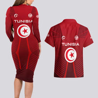 Tunisia National Flag Couples Matching Long Sleeve Bodycon Dress and Hawaiian Shirt with Crescent Star Emblem and Red Sport Design