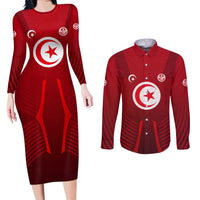 Tunisia National Flag Couples Matching Long Sleeve Bodycon Dress and Long Sleeve Button Shirt with Crescent Star Emblem and Red Sport Design