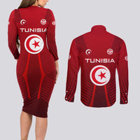 Tunisia National Flag Couples Matching Long Sleeve Bodycon Dress and Long Sleeve Button Shirt with Crescent Star Emblem and Red Sport Design