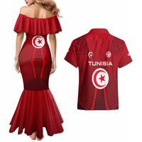 Tunisia National Flag Couples Matching Mermaid Dress and Hawaiian Shirt with Crescent Star Emblem and Red Sport Design