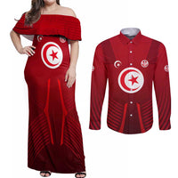 Tunisia National Flag Couples Matching Off Shoulder Maxi Dress and Long Sleeve Button Shirt with Crescent Star Emblem and Red Sport Design