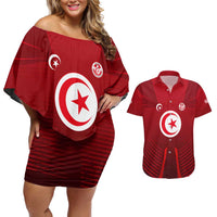Tunisia National Flag Couples Matching Off Shoulder Short Dress and Hawaiian Shirt with Crescent Star Emblem and Red Sport Design