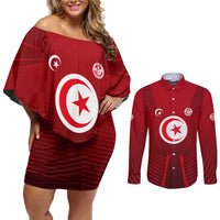 Tunisia National Flag Couples Matching Off Shoulder Short Dress and Long Sleeve Button Shirt with Crescent Star Emblem and Red Sport Design
