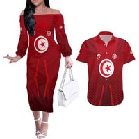 Tunisia National Flag Couples Matching Off The Shoulder Long Sleeve Dress and Hawaiian Shirt with Crescent Star Emblem and Red Sport Design