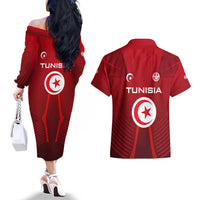 Tunisia National Flag Couples Matching Off The Shoulder Long Sleeve Dress and Hawaiian Shirt with Crescent Star Emblem and Red Sport Design