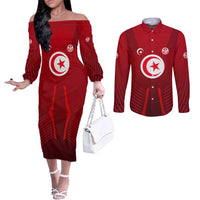Tunisia National Flag Couples Matching Off The Shoulder Long Sleeve Dress and Long Sleeve Button Shirt with Crescent Star Emblem and Red Sport Design
