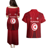 Tunisia National Flag Couples Matching Puletasi and Hawaiian Shirt with Crescent Star Emblem and Red Sport Design