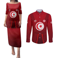 Tunisia National Flag Couples Matching Puletasi and Long Sleeve Button Shirt with Crescent Star Emblem and Red Sport Design