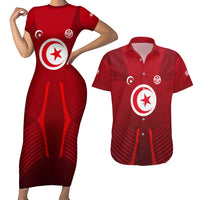 Tunisia National Flag Couples Matching Short Sleeve Bodycon Dress and Hawaiian Shirt with Crescent Star Emblem and Red Sport Design