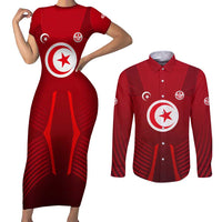 Tunisia National Flag Couples Matching Short Sleeve Bodycon Dress and Long Sleeve Button Shirt with Crescent Star Emblem and Red Sport Design