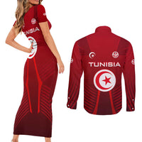 Tunisia National Flag Couples Matching Short Sleeve Bodycon Dress and Long Sleeve Button Shirt with Crescent Star Emblem and Red Sport Design